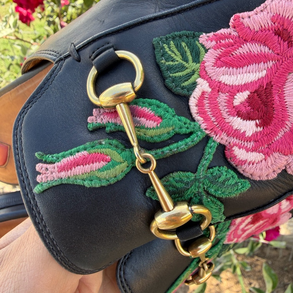 Gucci Black Leather Floral Embroidered Horsebit Mules - Picture 5 of 11